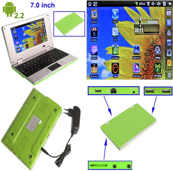 NETBOOK VERDE LCD 7" S.O ANDROID 2.2 WIFI MSN WORD EXCEL