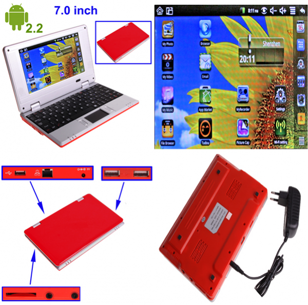 NETBOOK VERMELHO LCD 7" S.O ANDROID 2.2 WIFI WORD MSN EXCEL