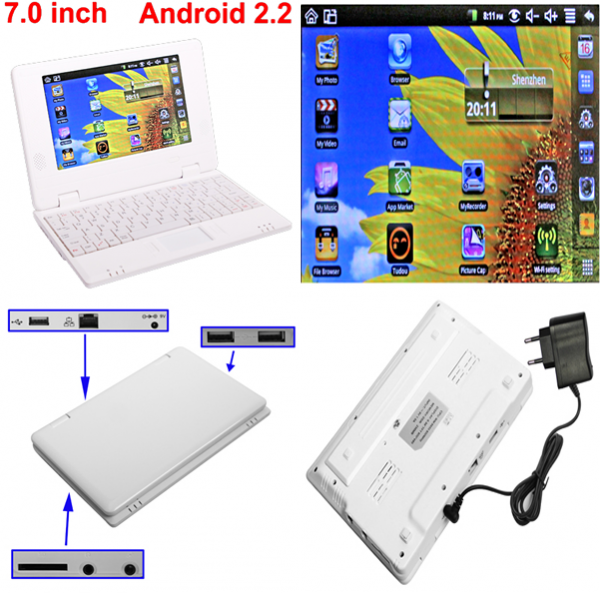 NETBOOK BRANCO LCD 7" S.O ANDROID 2.2 WIFI WORD EXCEL MSN